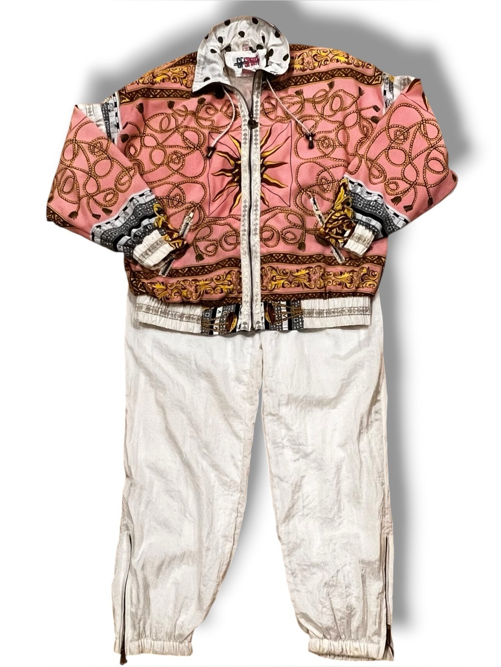 VTG 90s GF Sport Tracksuit Sz M  Salmon Pink Gold White Zip Ankle Pockets D-2
